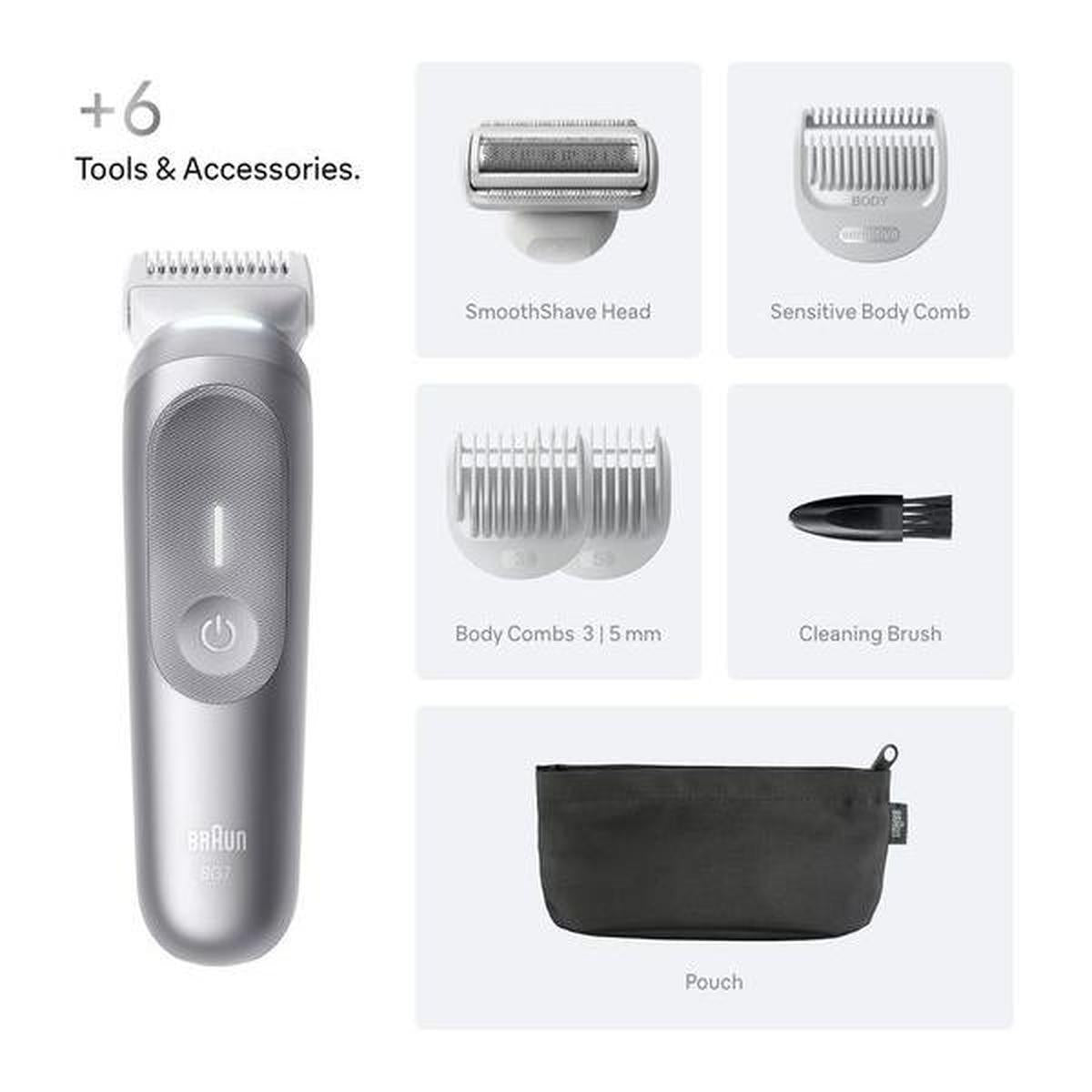 Grey Braun Series 7 body groomer with SmoothShave head, sensitive comb, 3mm and 5mm combs, cleaning brush, and storage pouch.