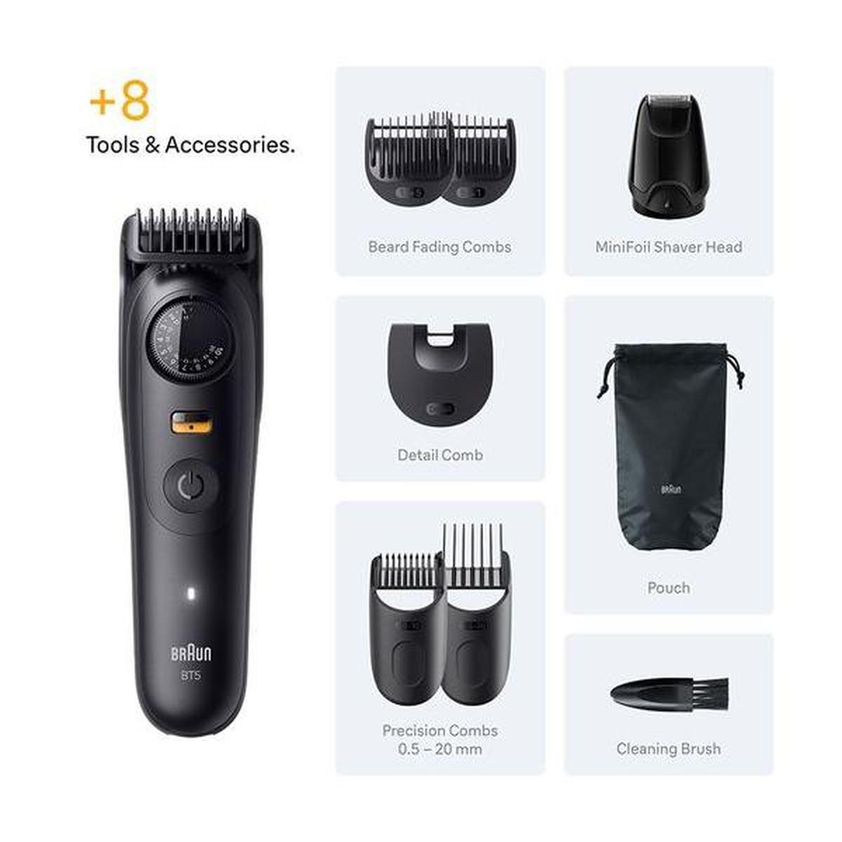 Black Braun Series 5 beard trimmer with precision dial, eight attachments, combs, shaver head, and storage pouch.