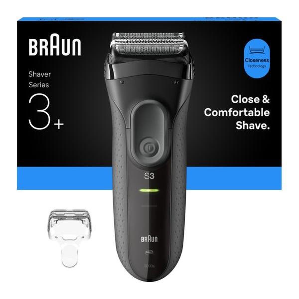 Grey Braun Series 3 ProSkin 3000s electric shaver with foil head, ergonomic grip, and protective cap in its product box.