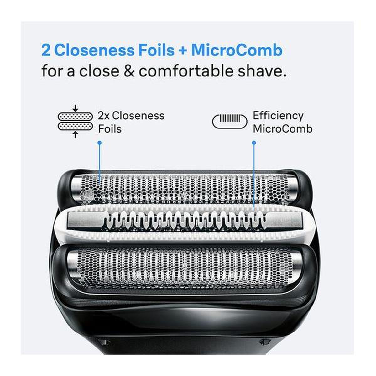 Braun Series 3 ProSkin electric shaver head featuring two SensoFoil closeness foils and a central efficiency MicroComb.