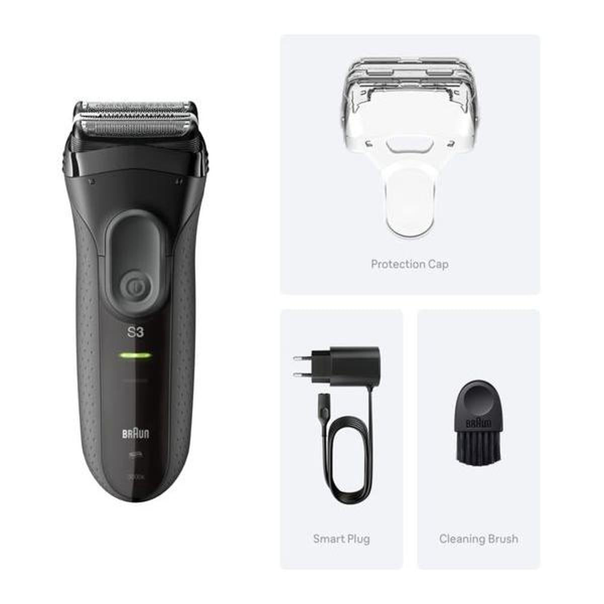 Grey Braun Series 3 ProSkin 3000s electric shaver with protection cap, smart plug charger, and cleaning brush.