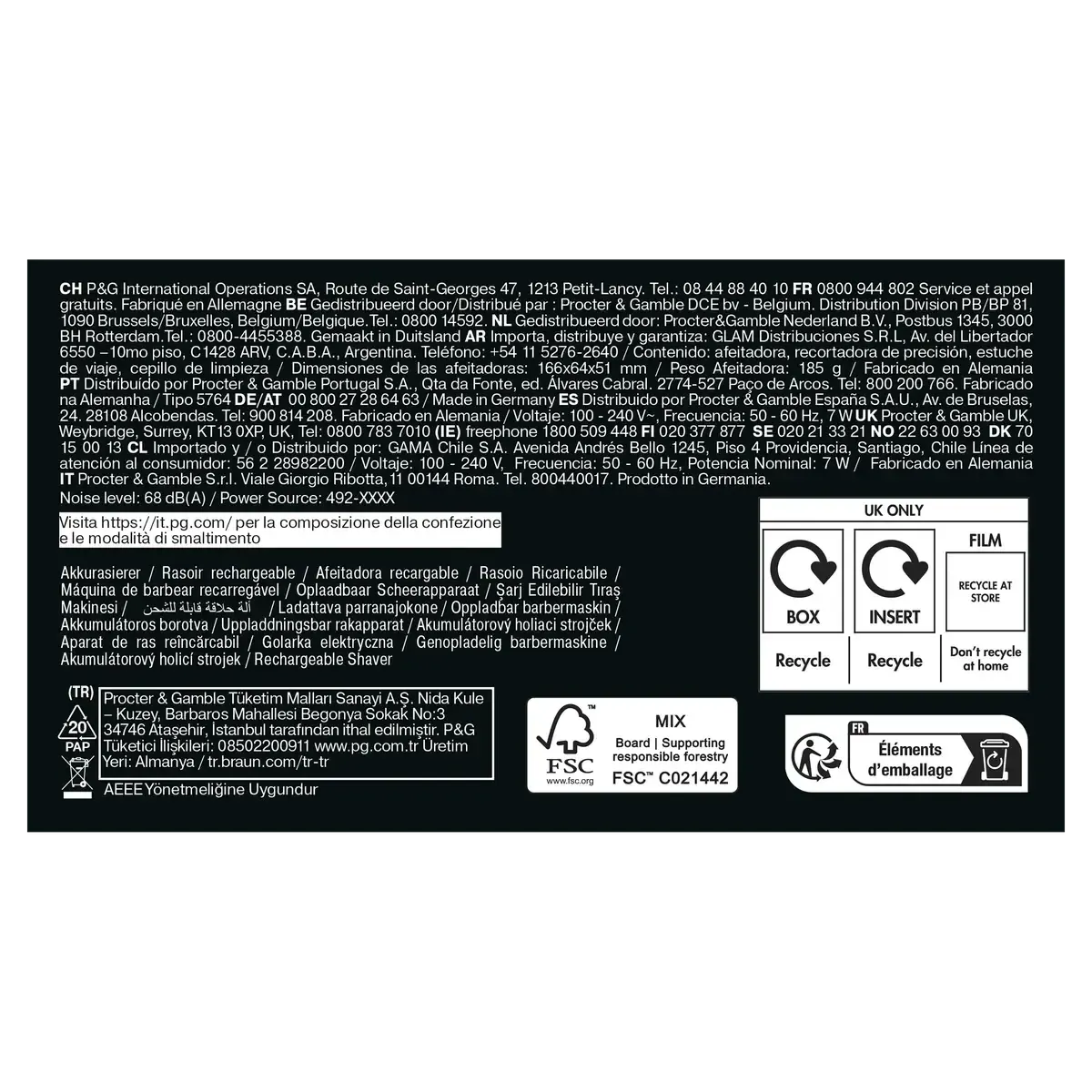 Black product packaging label with technical specifications, recycling symbols, and multilingual text for Braun electric shaver.