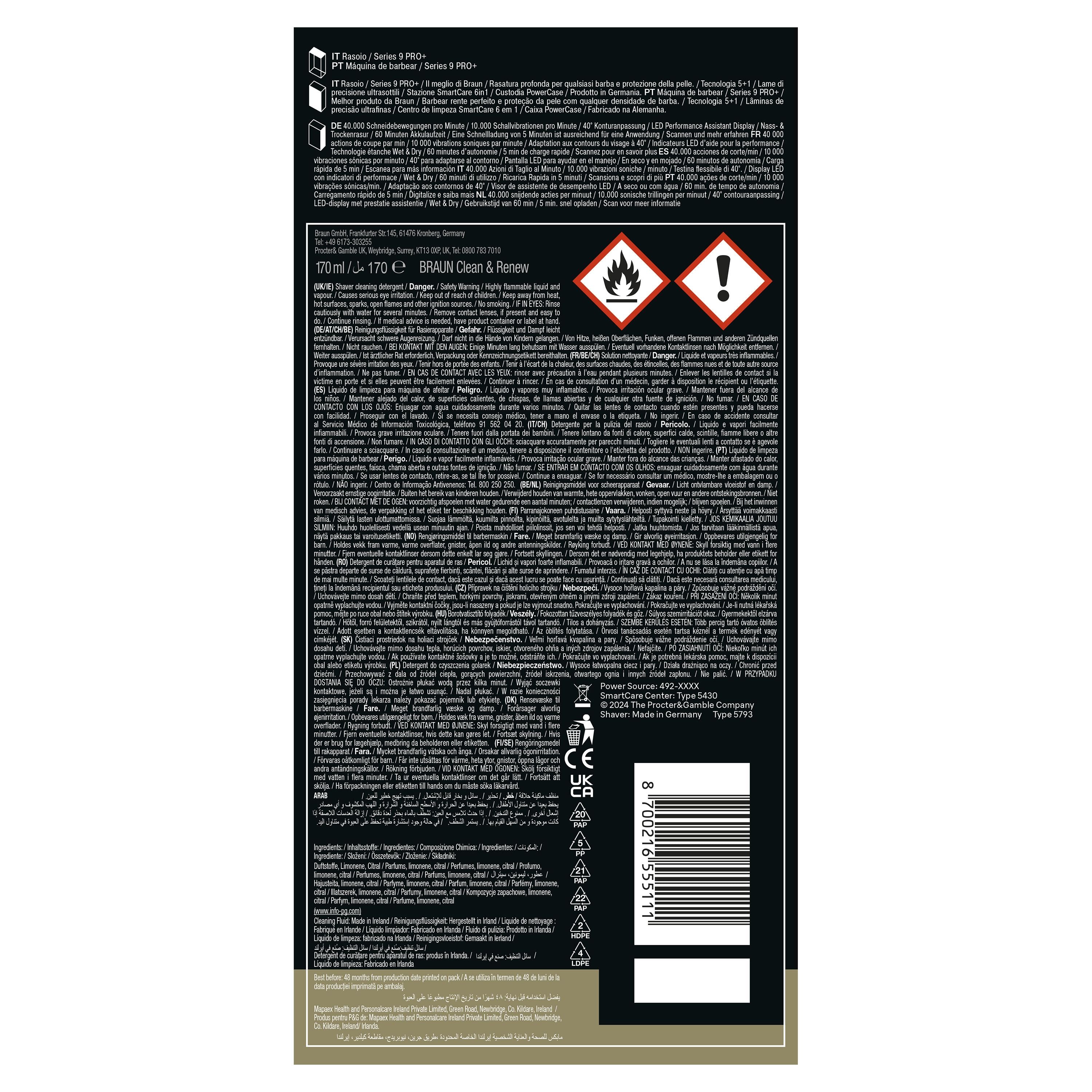 Braun Series 9 PRO+ Electric Shaver, Pro SensoAdapt, SmartCare Center & Charging Case, 9670CC, Black