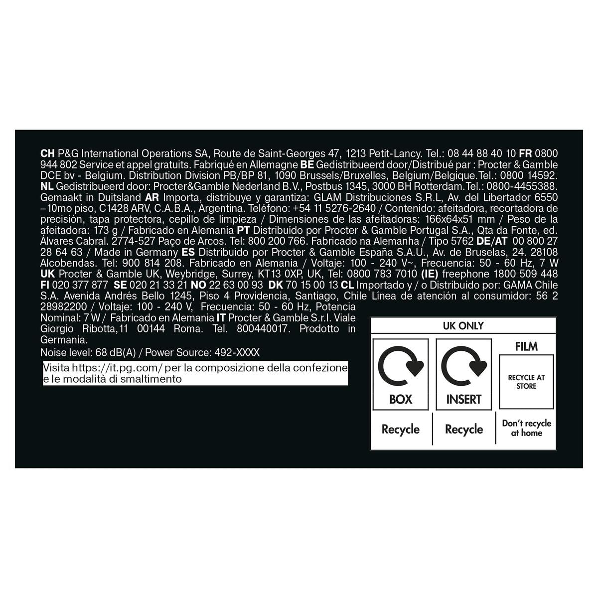 Black and white product packaging label featuring recycling instructions, disposal icons, and technical information for a Braun shaver.