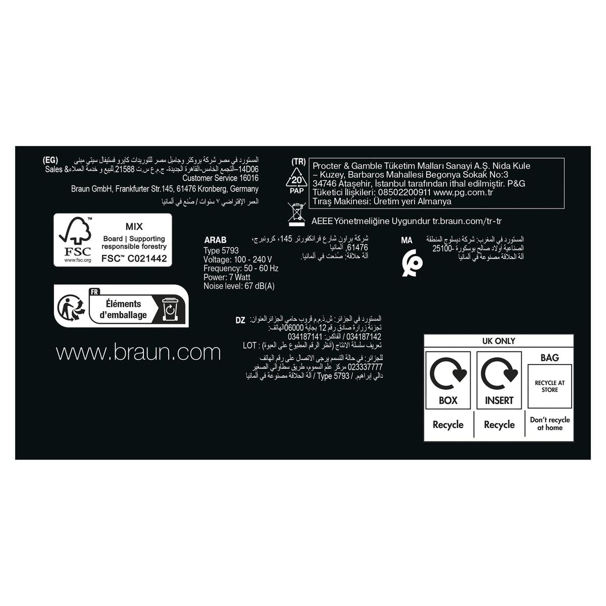 Black product packaging label for Braun Series 9 PRO+ shaver featuring recycling symbols, technical specs, and contact info.