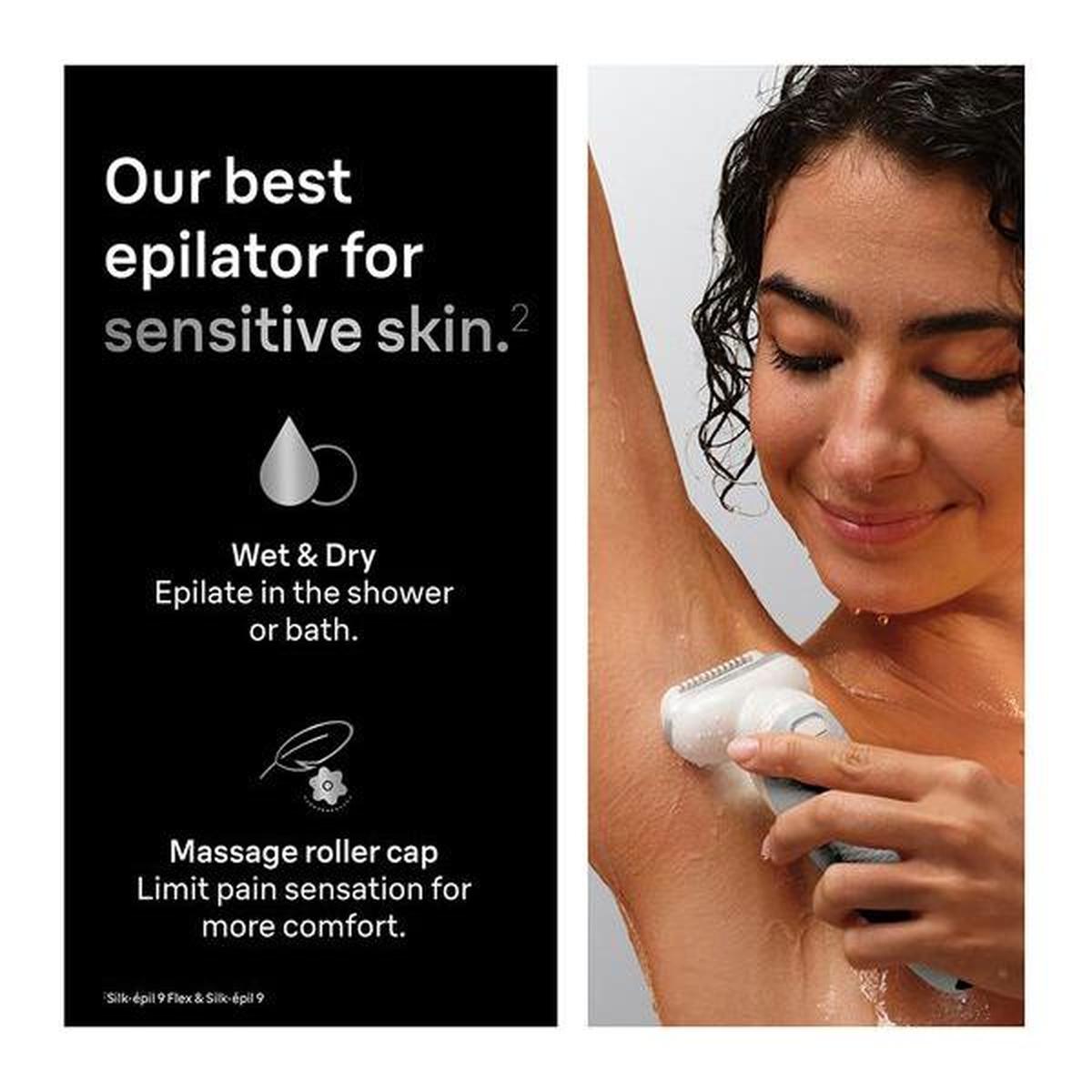 Silver Braun Silk-épil 9 Flex epilator with pivoting head being used on underarm in the shower for wet hair removal.