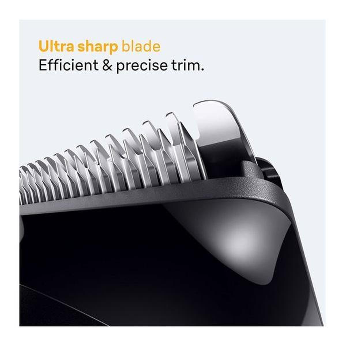 Close-up of the black Braun Series 5 beard trimmer featuring ultra-sharp stainless steel blades for precise trimming.