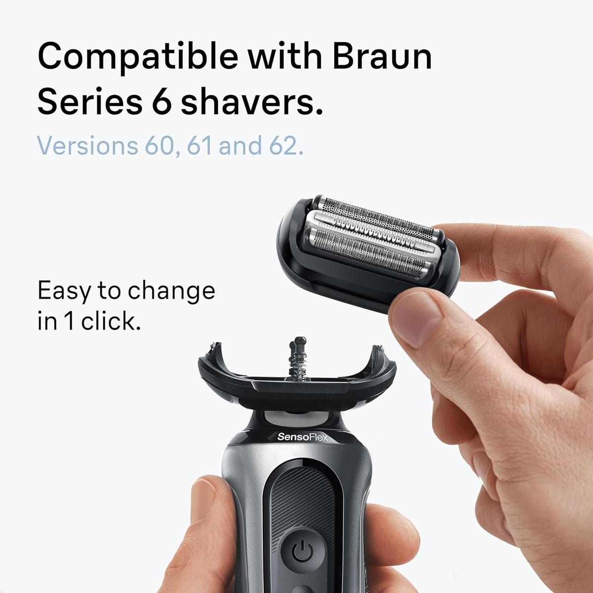 Hand attaching a black Braun Series 6 replacement shaver head to a metallic grey electric razor handle.