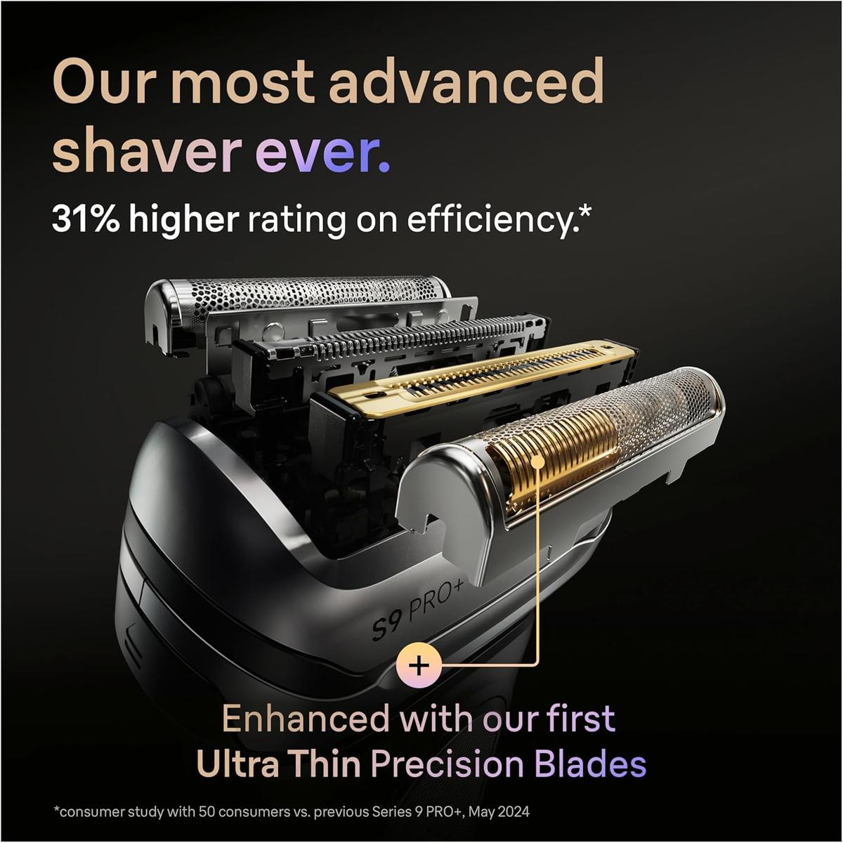 Braun Series 9 PRO+ replacement head featuring silver foil elements and gold-colored precision blades on a black background.