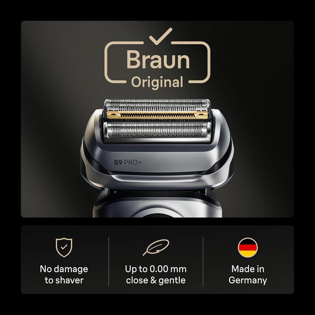 Braun Series 9 PRO+ silver electric shaver replacement head with gold-tone cutting elements and German-made quality.
