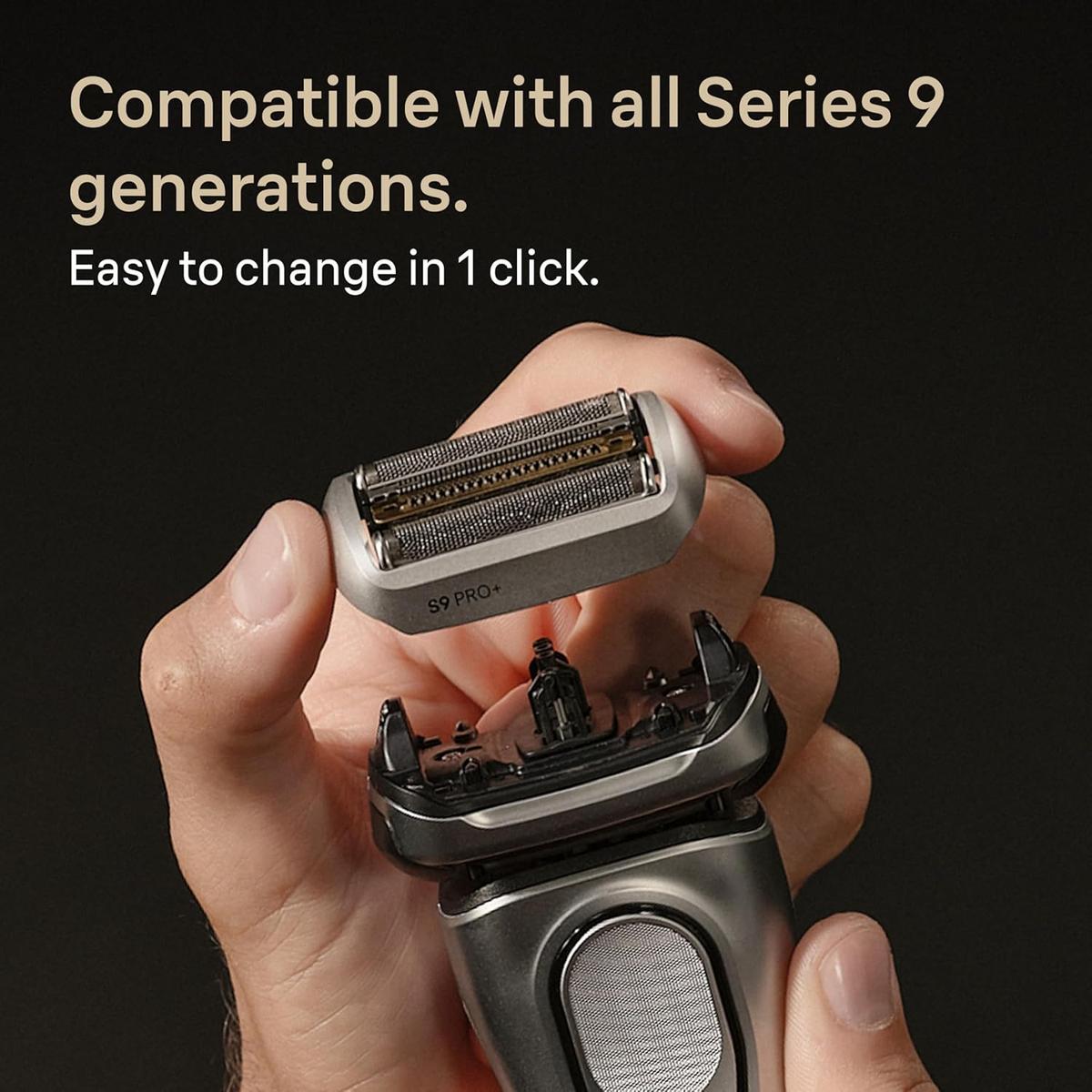 Hand attaching a silver Braun Series 9 PRO+ replacement shaver head to an electric razor with a one-click design.