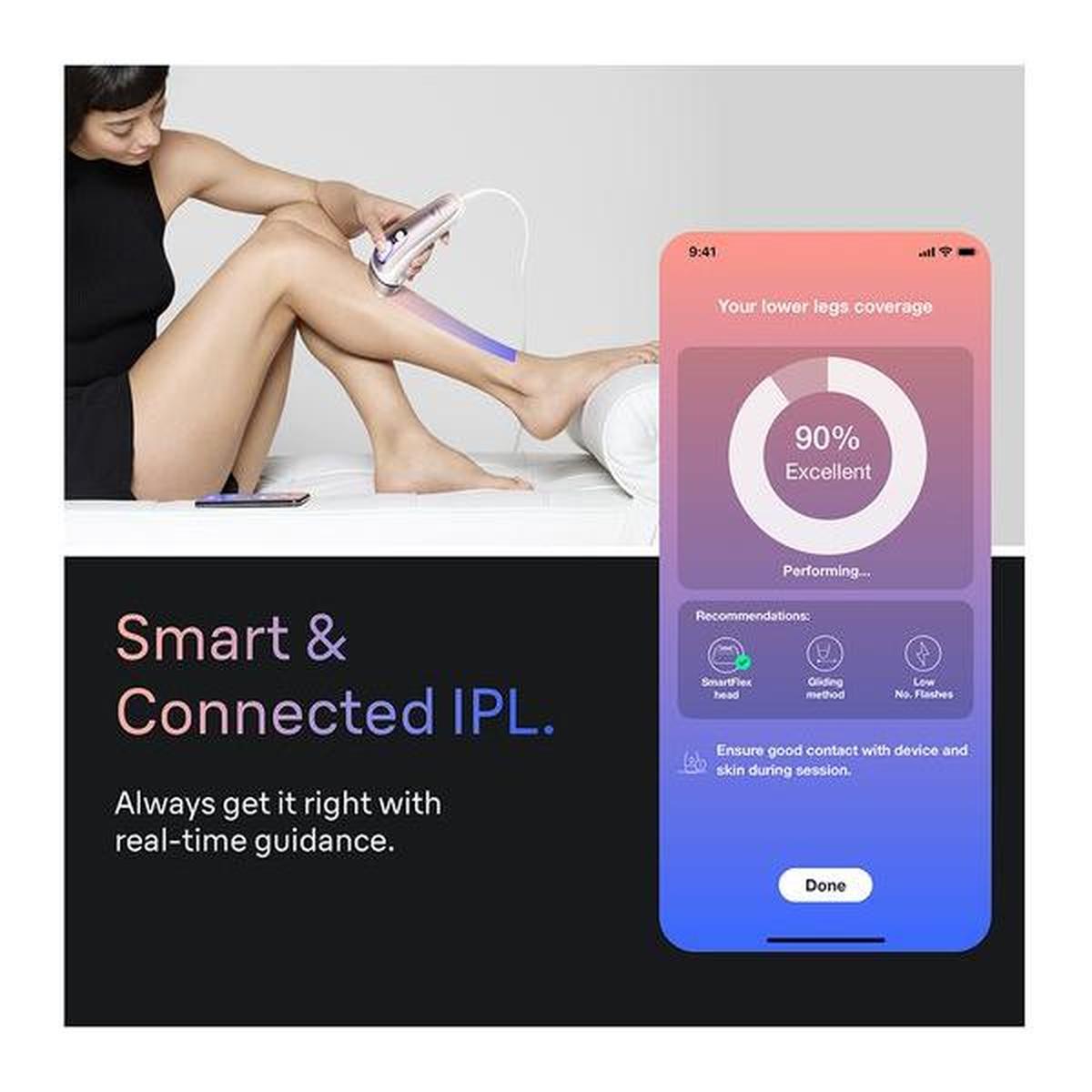 Woman using a white Braun Skin i-expert IPL device on her leg with a smartphone app showing real-time coverage tracking.