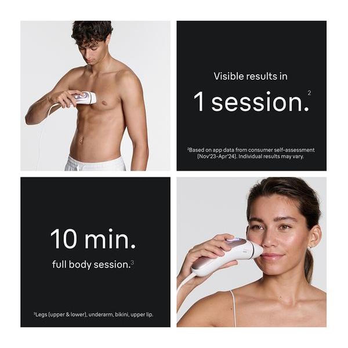 Braun Skin i-expert white corded IPL device being used on chest and face, showing 10-minute full body session results.