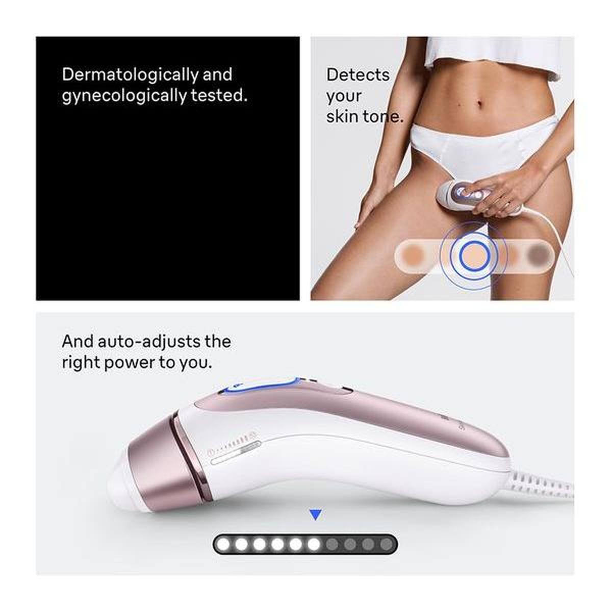 White and rose gold Braun Skin i-expert IPL device showing skin tone detection and automatic power adjustment features.