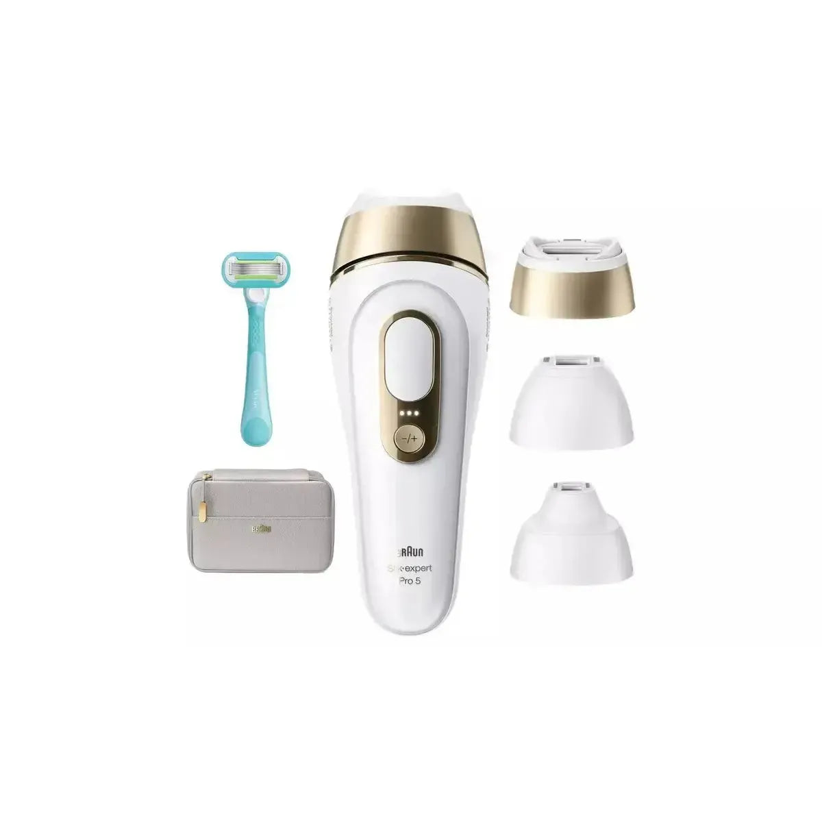 Braun Silk-Expert Pro 5 IPL device in white and gold with three attachment heads, a Gillette razor, and a storage pouch.