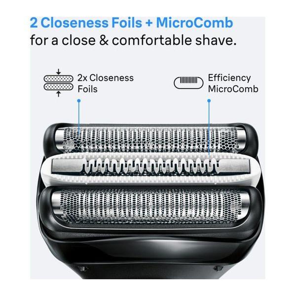 Braun Series 3 shaver head featuring two metal shaving foils and a central white Efficiency MicroComb for close shaves.