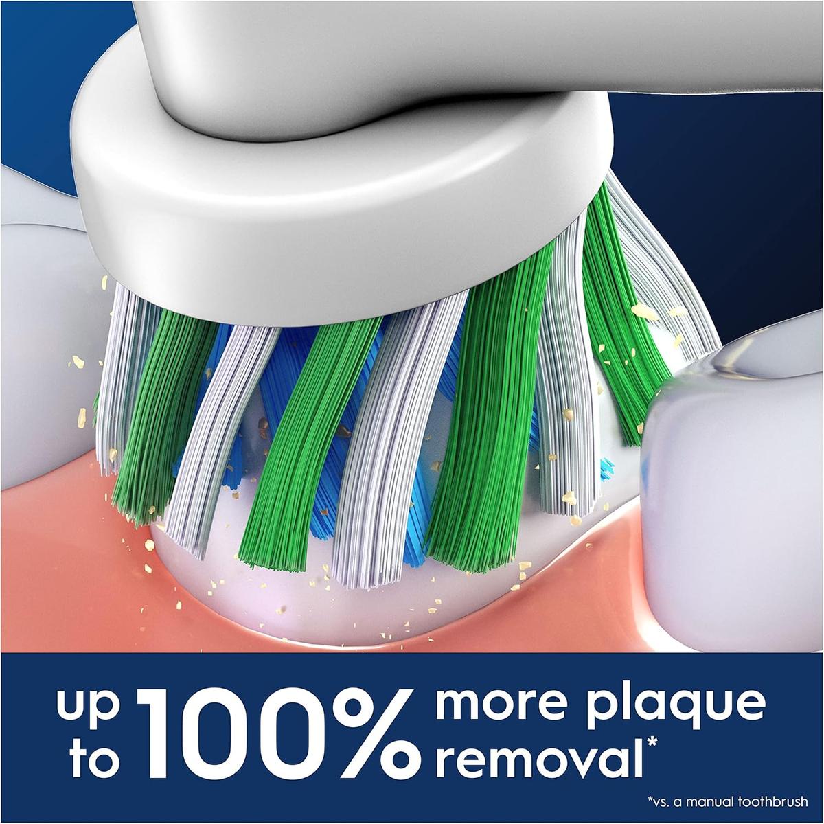 Oral-B CrossAction toothbrush head with X-shaped green, white, and blue angled bristles cleaning plaque from teeth.