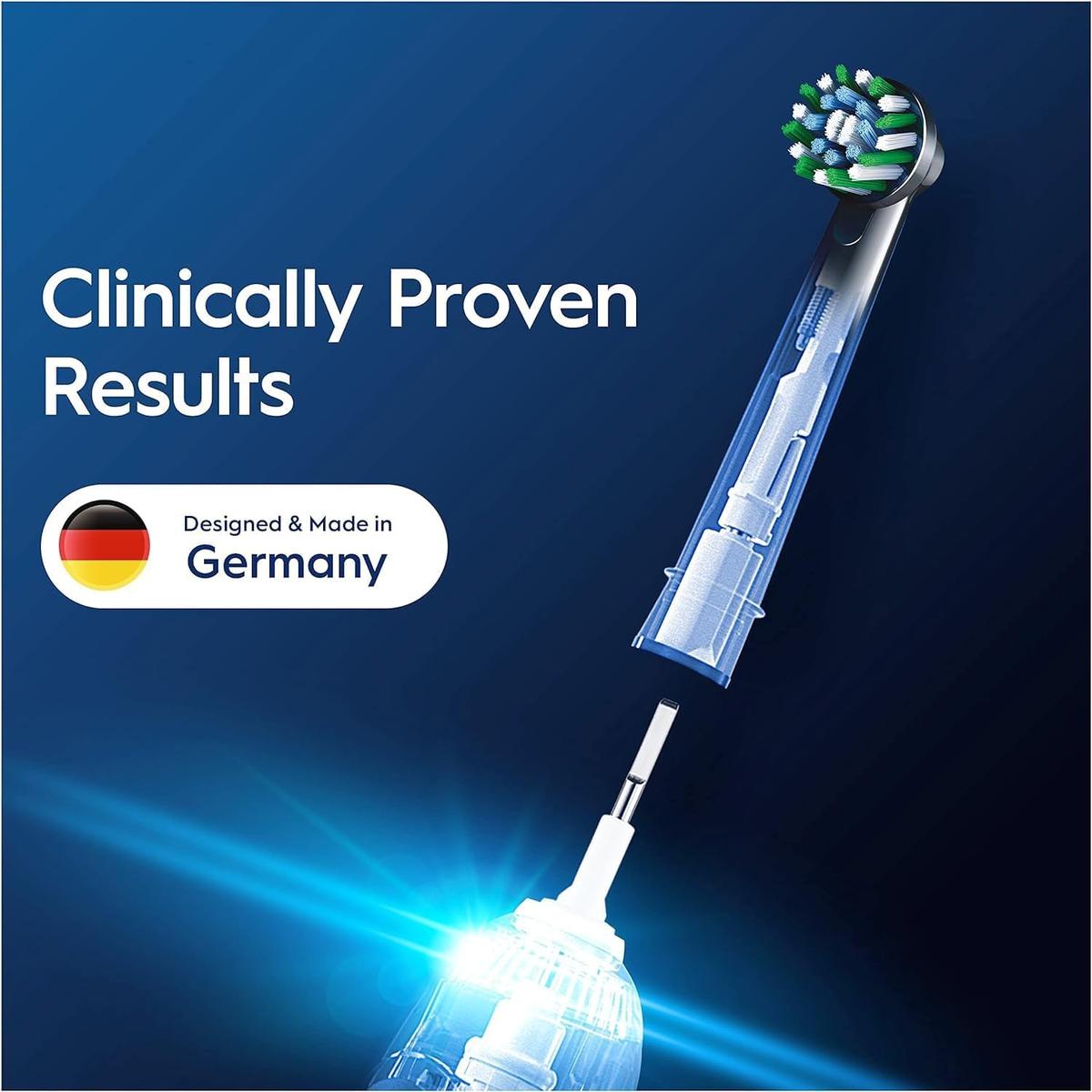 Oral-B CrossAction replacement brush head with X-shaped green and white bristles on a blue background.