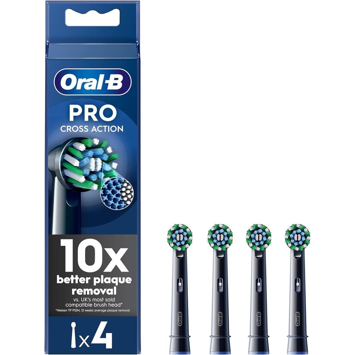 Four black Oral-B Pro Cross Action replacement toothbrush heads with angled X-shape bristles in blue packaging.