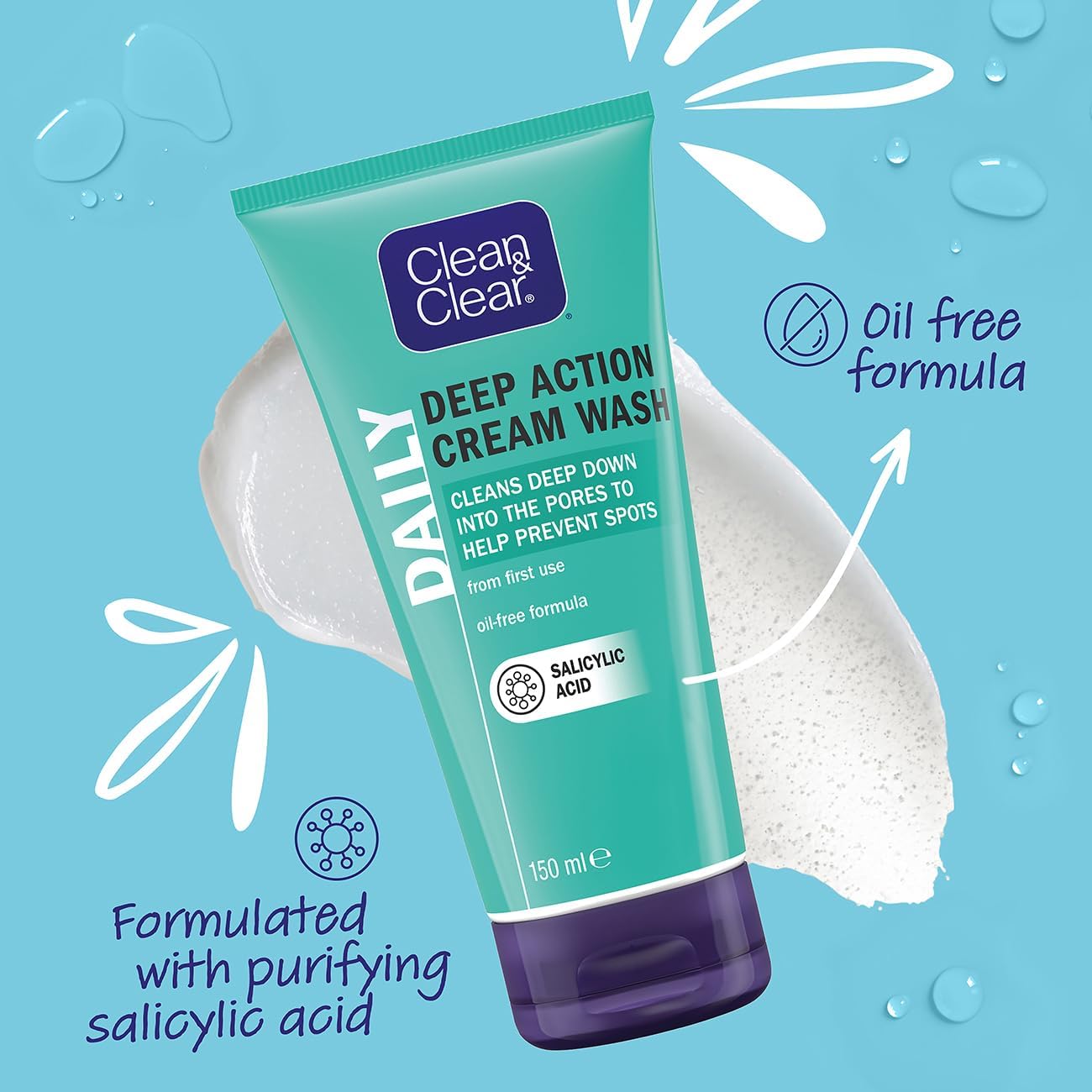 Clean & Clear Deep Action Wash Cream, White, 150 ml