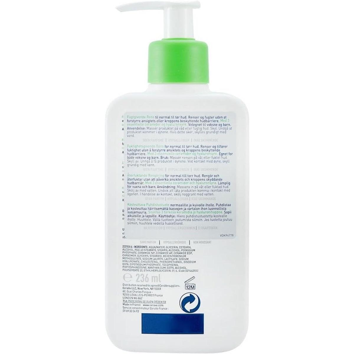 Back of a white 236ml CeraVe Hydrating Cleanser bottle with product information and ingredient list in multiple languages.