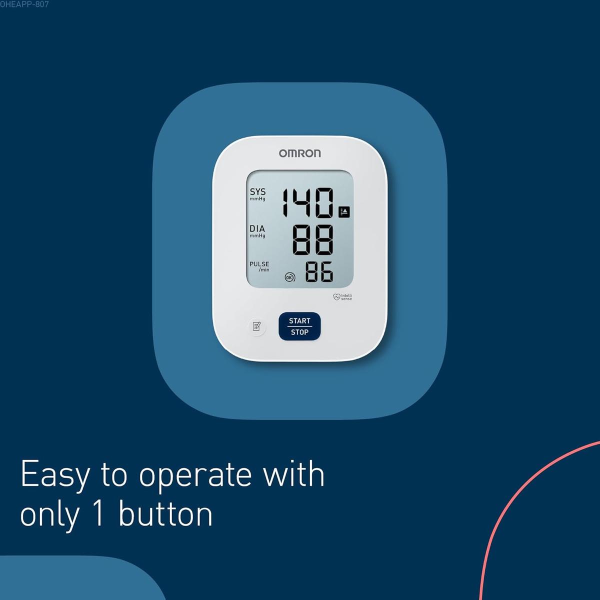 White OMRON M2 Essential digital blood pressure monitor with a clear LCD screen and a single blue Start/Stop button.