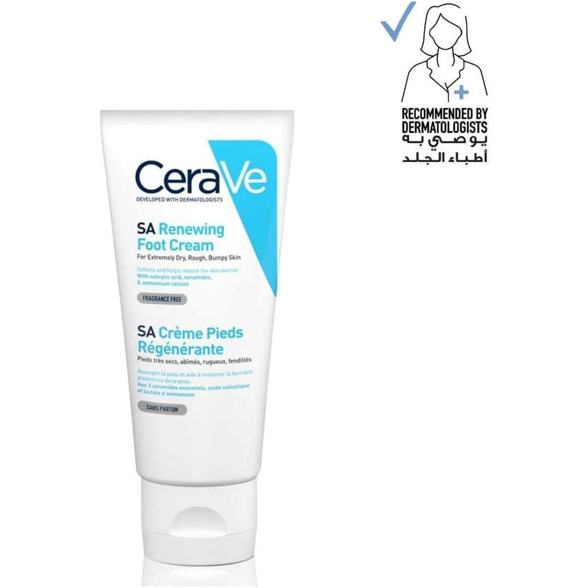 CeraVe SA Renewing Foot Cream in a white 88ml squeeze tube with blue branding and a dermatologist recommended icon.