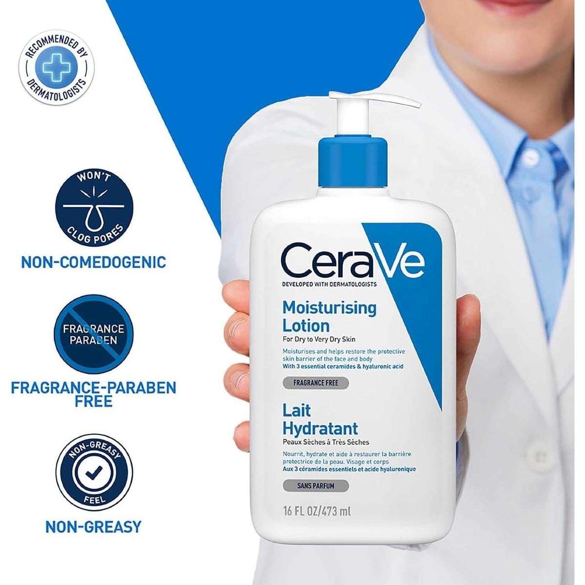 CeraVe Moisturising Lotion 473ml bottle with pump, featuring blue and white branding and dermatologist-recommended icons.