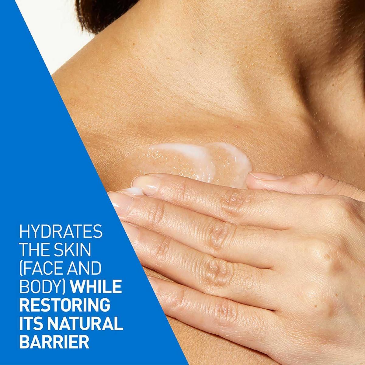 Hand applying lightweight white CeraVe moisturizing lotion to skin to hydrate and restore the natural barrier.