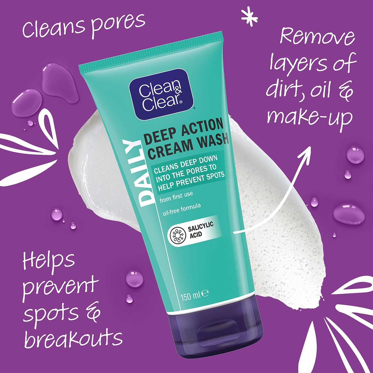 Clean & Clear Deep Action Wash Cream, White, 150 ml