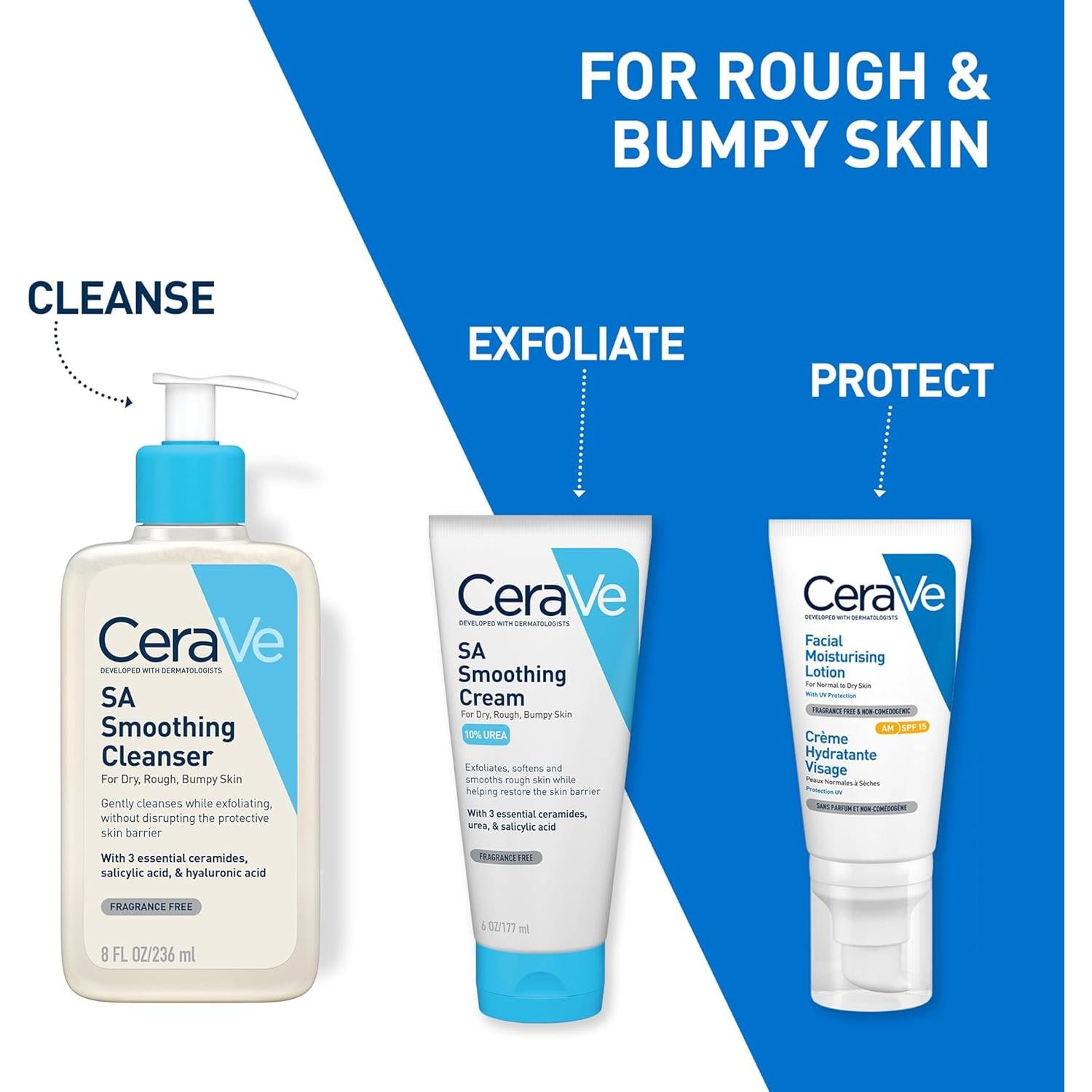 CeraVe SA Smoothing Cleanser with Salicylic Acid for Dry, Rough & Bumpy Skin 236ml, 3 Essential Ceramides, Fragrance-Free