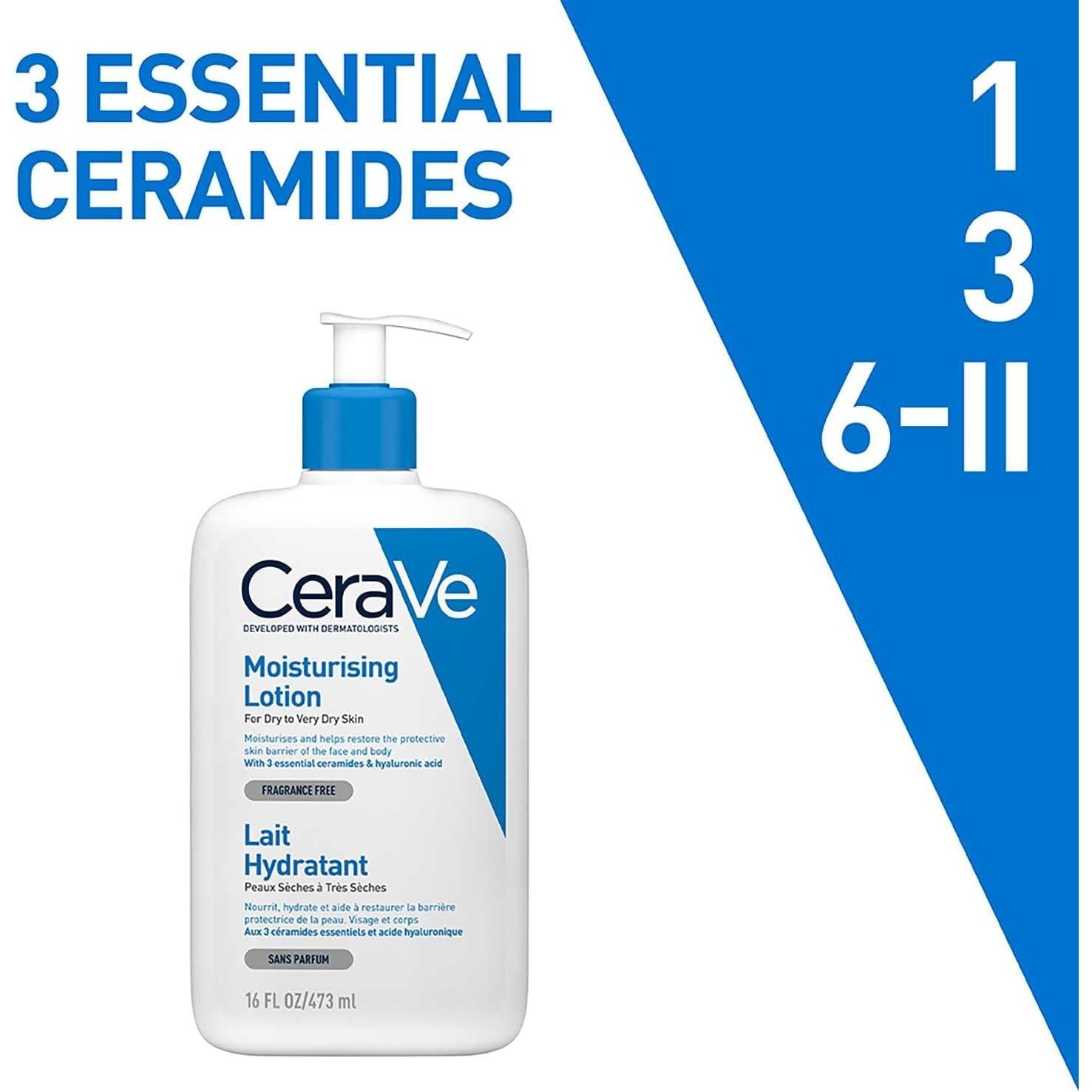 CeraVe Moisturising Lotion, for normal to very dry skin, Enriched with 3 Essential Ceramides, Hyaluronic Acid and MVe technology, CeraVe face moisturiser, Daily Hydrating Moisturiser, 473ml
