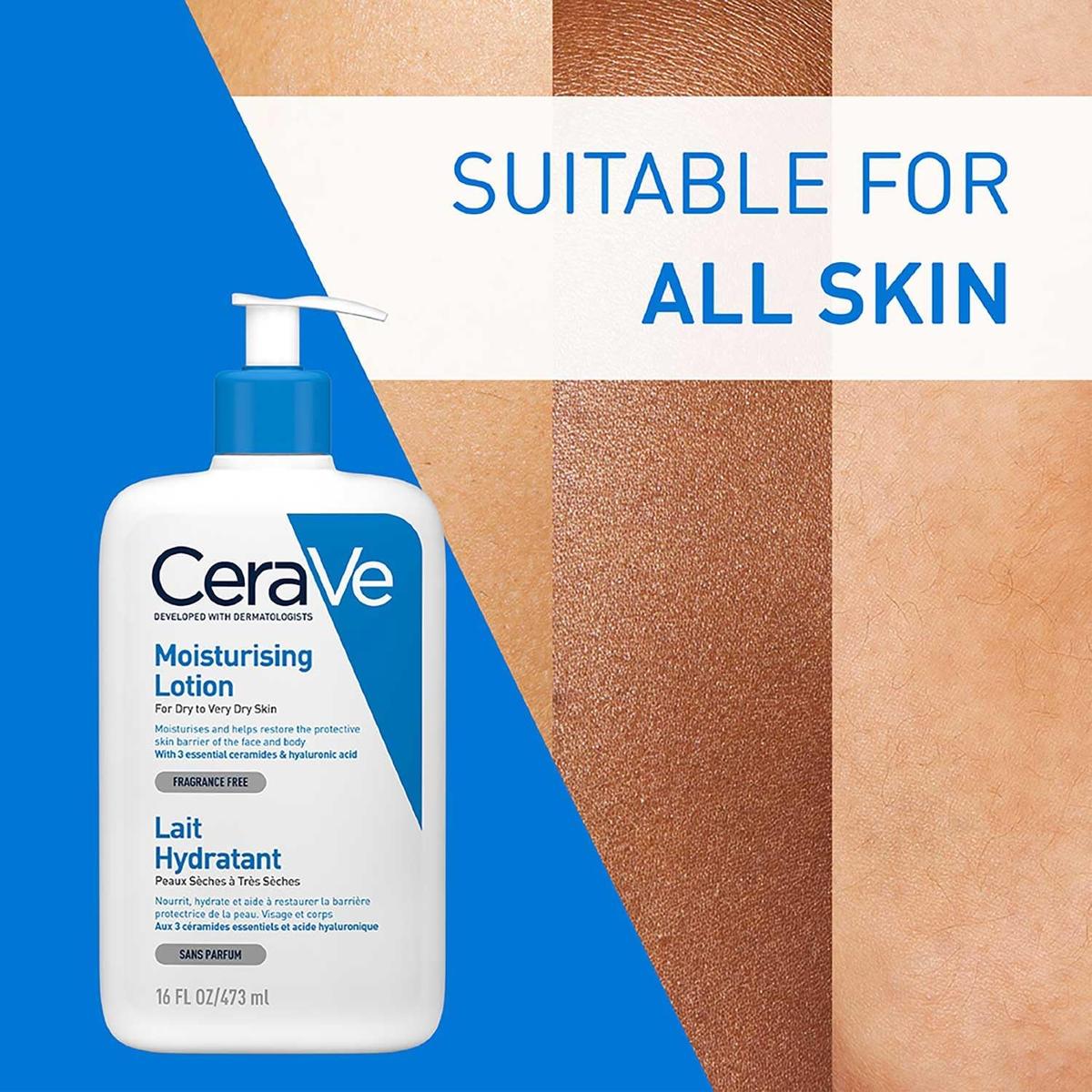 CeraVe Moisturising Lotion 473ml pump bottle with blue and white branding, shown next to a close-up of healthy skin.