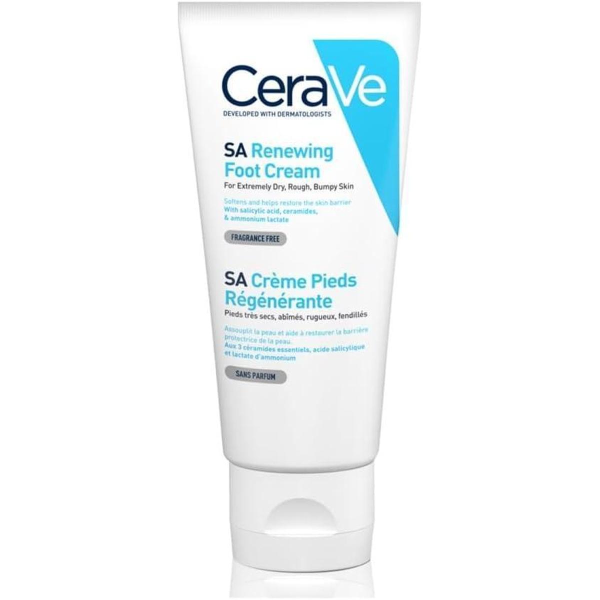 CeraVe SA Renewing Foot Cream in a white 88ml squeeze tube with blue branding and bilingual text on a white background.