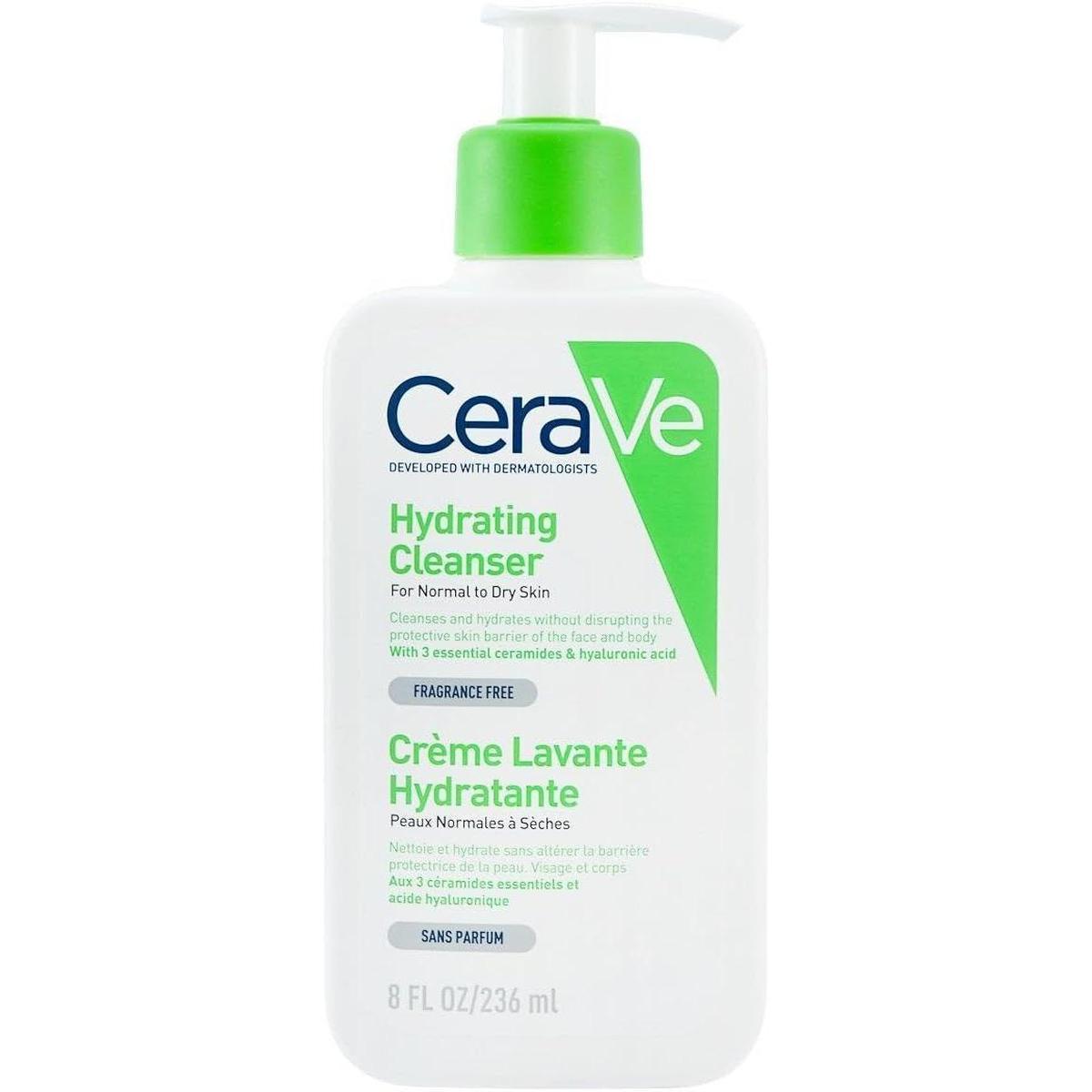 CeraVe Hydrating Cleanser 236ml bottle with a green pump top and white label featuring green text for normal to dry skin.