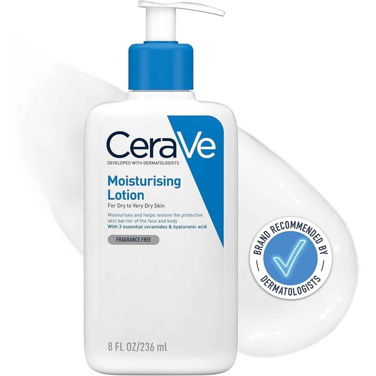 CeraVe 236ml Daily Moisturising Lotion bottle with a blue pump, white label, and dermatologist-recommended seal.
