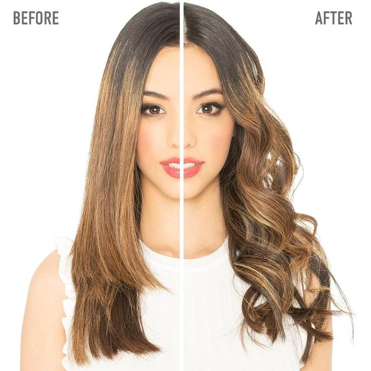 Split-screen comparison of a woman with straight hair on the left and voluminous, styled curls on the right.