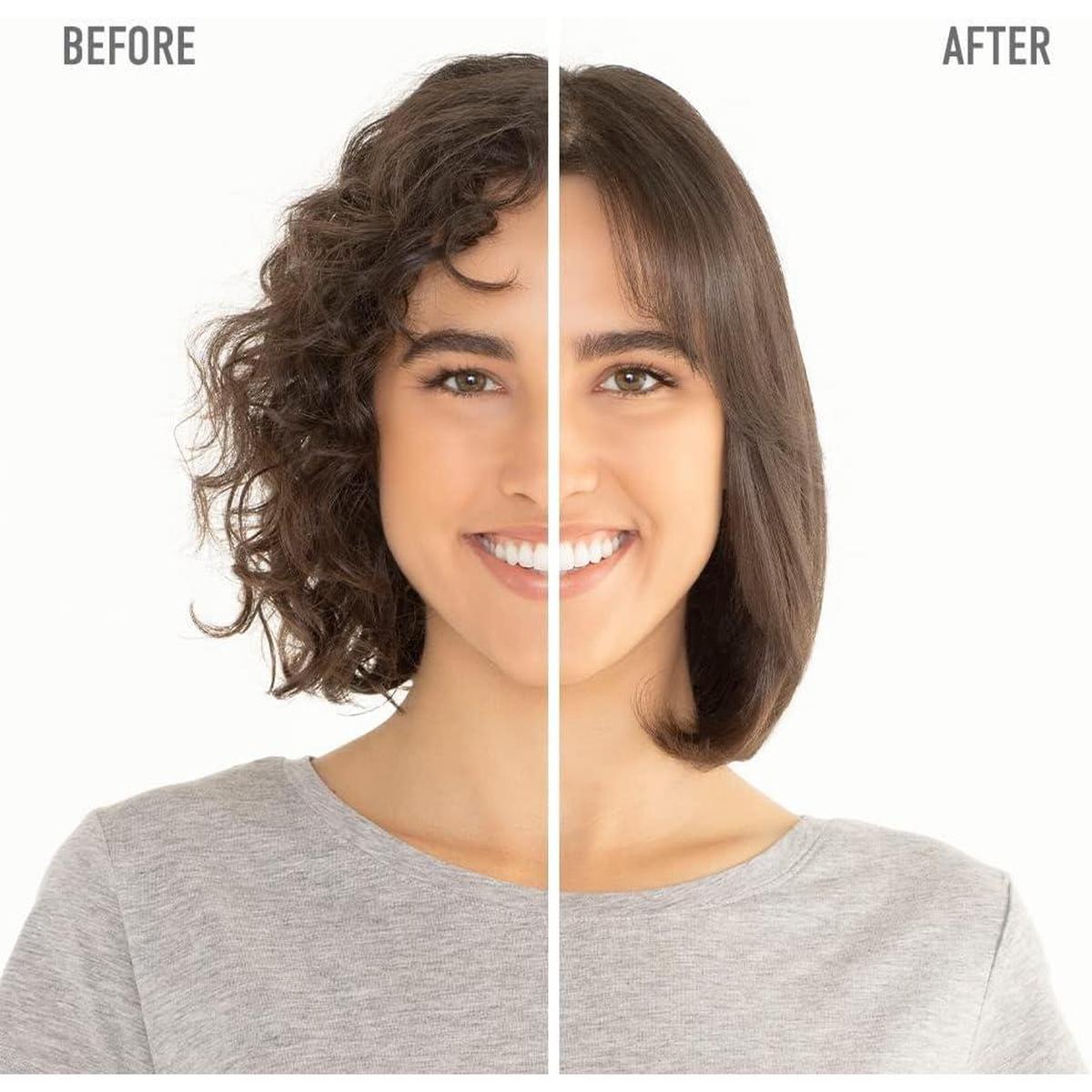 Before and after comparison of hair styled with the Drybar Single Shot blow-dryer brush for smooth, voluminous results.