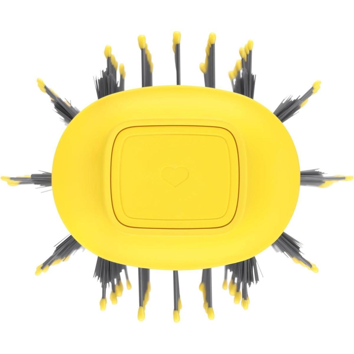 Top view of a yellow 6.1cm oval blow-dryer brush with grey and yellow tufted bristles for voluminous hair styling.