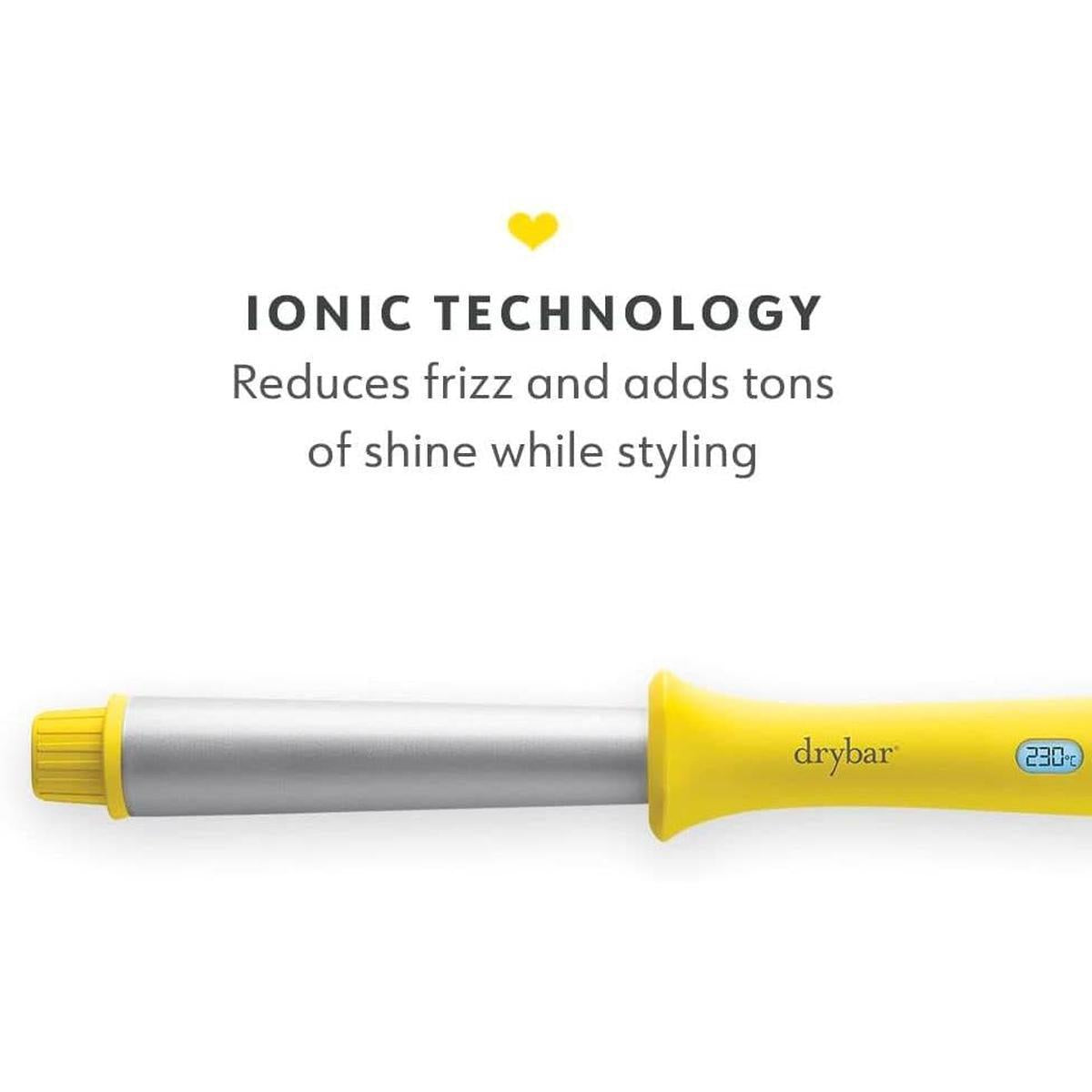 Drybar The Wrap Party curling wand with a silver reverse-taper barrel and bright yellow handle featuring ionic technology.