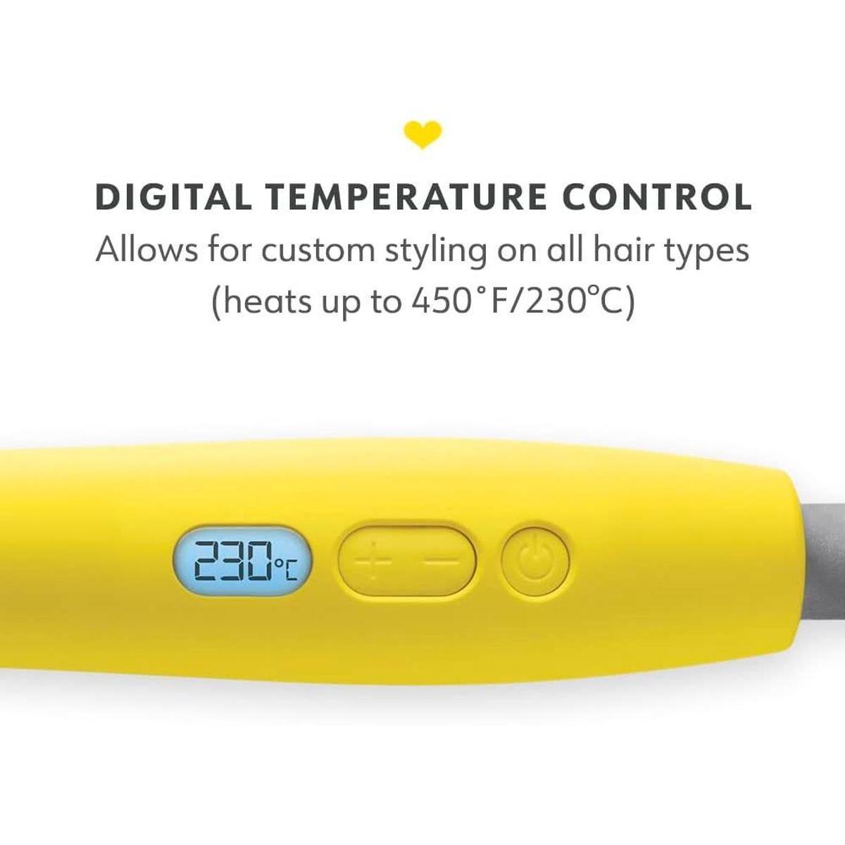 Bright yellow Drybar curling wand handle featuring a digital temperature display and control buttons for custom styling.
