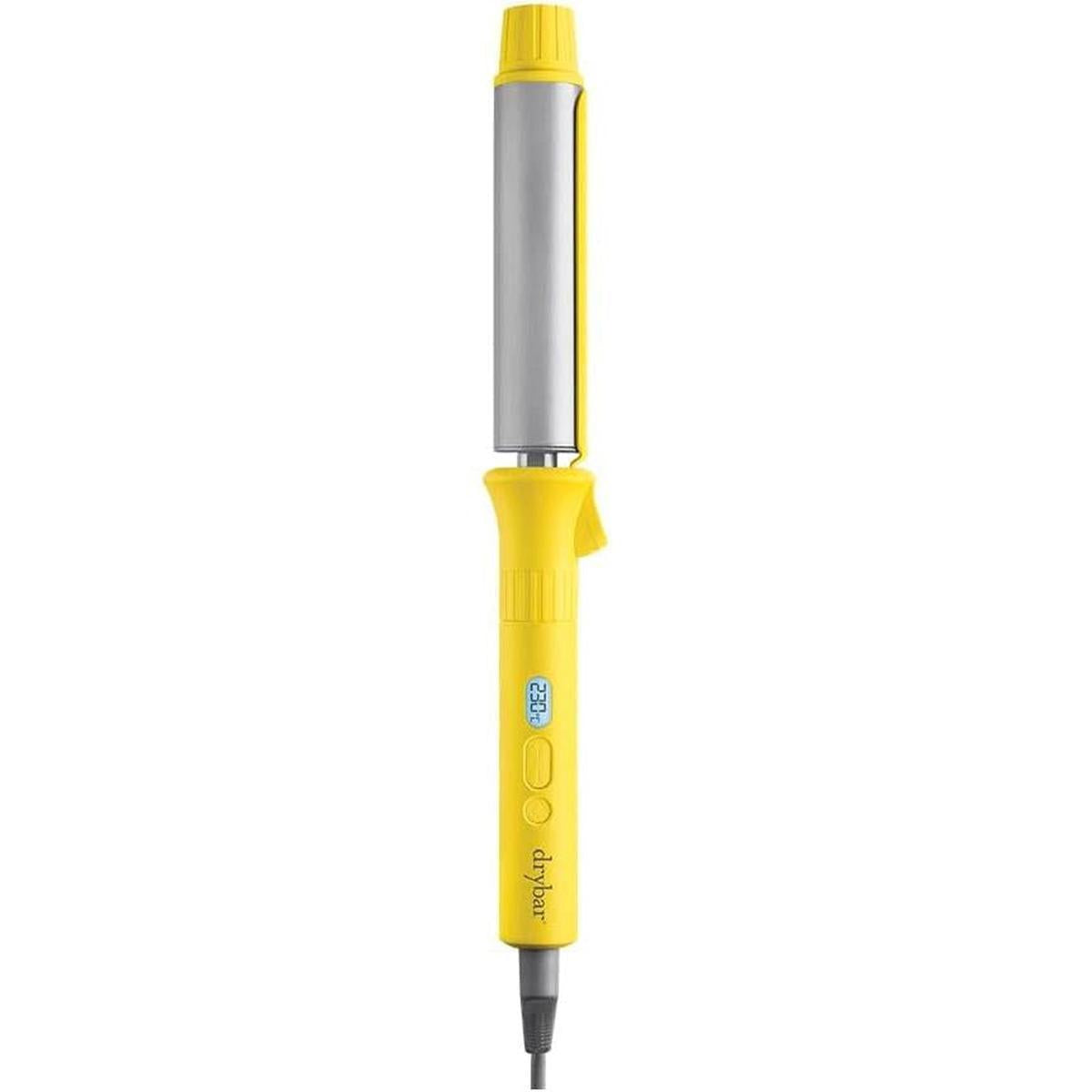 Drybar 3.2cm digital curling iron in signature yellow with a silver barrel, rotating clamp, and LCD temperature display.