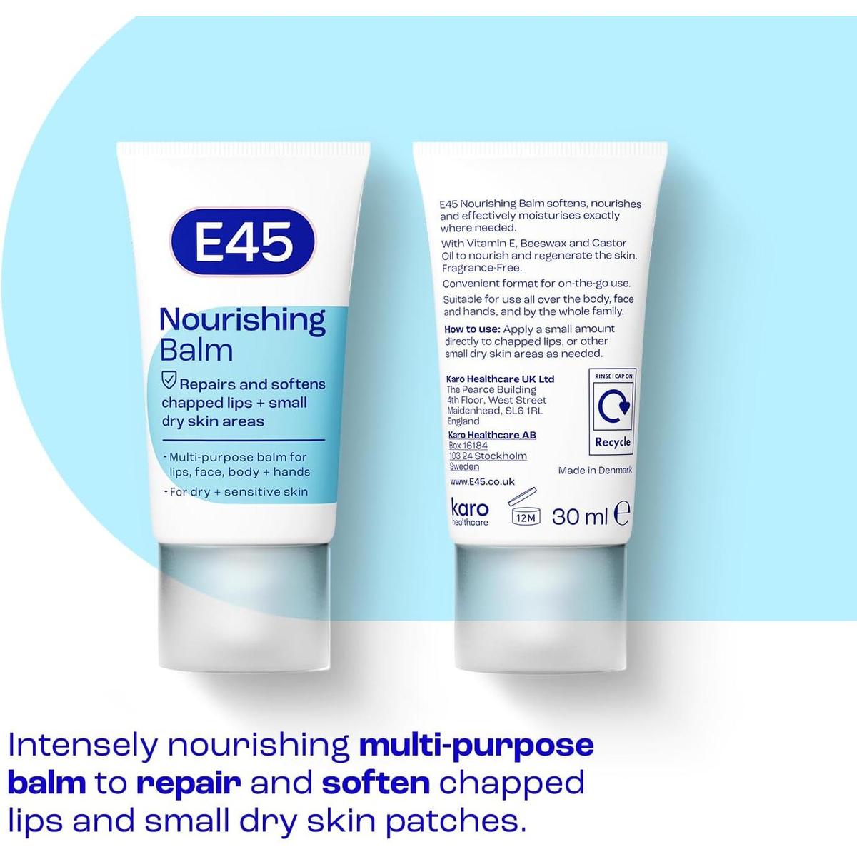 E45 30ml Nourishing Balm tube showing front branding and back product information for dry skin and chapped lips.