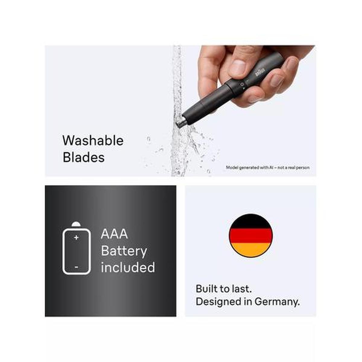 Black Braun EN20 ear and nose trimmer with washable blades, ergonomic design, and included AAA battery.