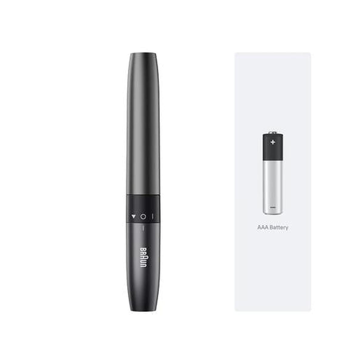 Braun EN20 ear and nose trimmer in dark grey with a sleek ergonomic design and an included AAA battery.