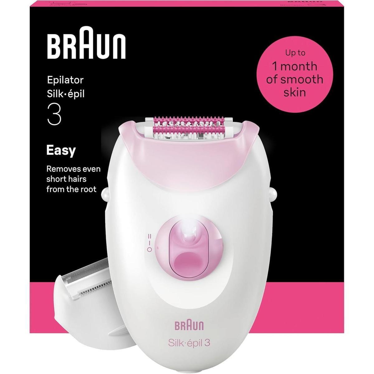 White and pink Braun Silk·épil 3 corded epilator with shaver head attachment against a branded product box.