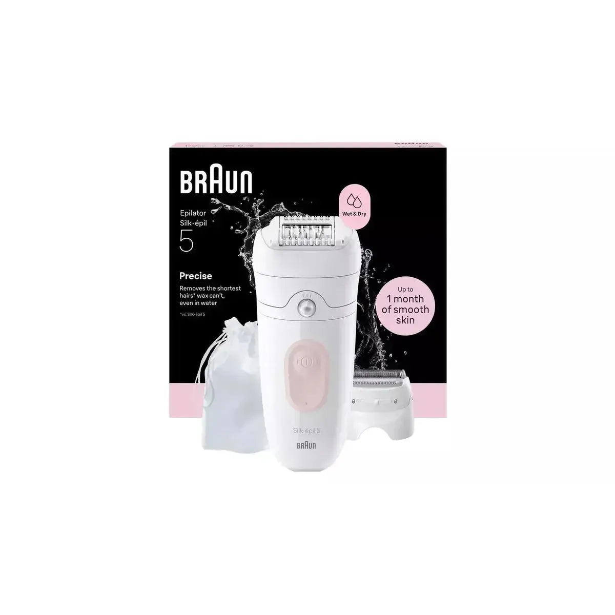 Braun Silk-épil 5 wet and dry epilator in white and flamingo pink with attachments and storage pouch against product box.