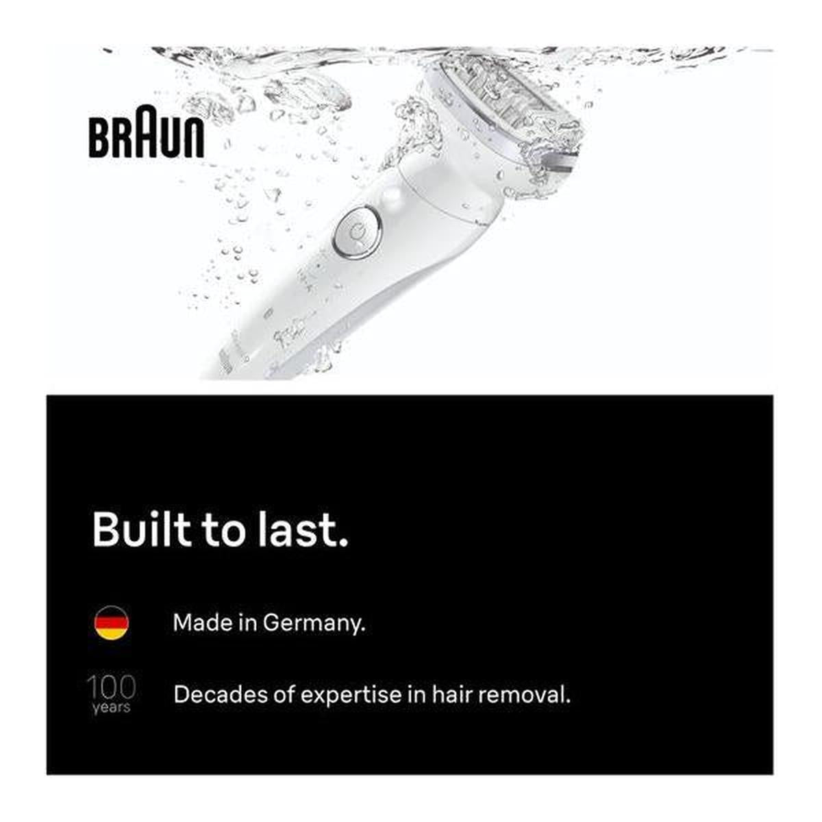 Braun Silk-épil 9 silver wet and dry epilator submerged in water with a German-engineered quality label below.