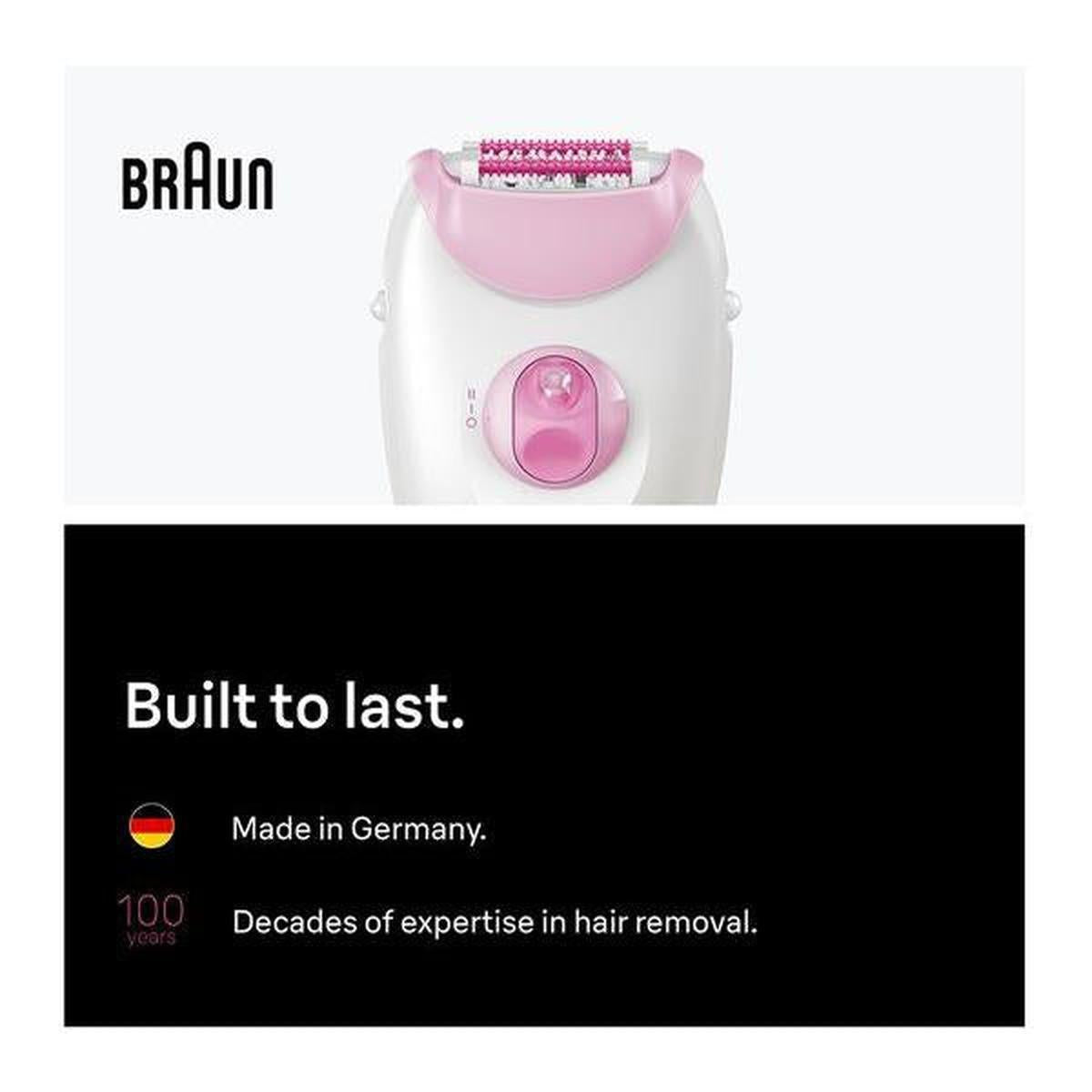 Braun Silk-épil 3 white and pink corded epilator with massage rollers and smart light, featuring German-engineered quality.