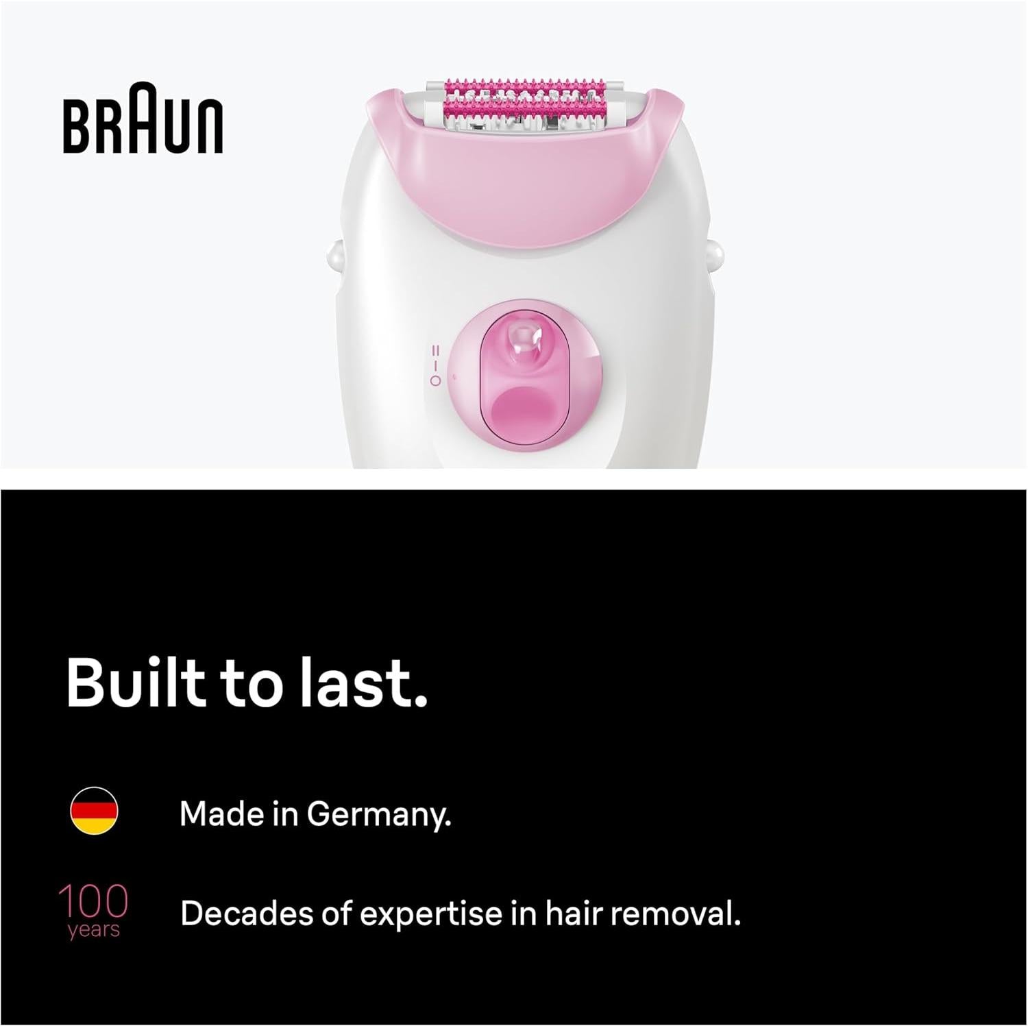 Braun Silk·épil 3, Corded Epilator, Easy Hair Removal, Lasting Smooth Skin, Includes Shaver Head and Trimmer Comb, 3-031, Pink